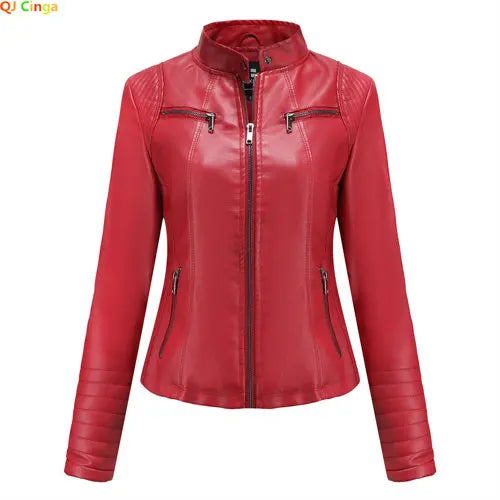2026 Women's Bright Red V-neck Leather Jacket, Fashion Slim PU Coat, Black Short Outerwear Asia Size XS S M L XL XXL