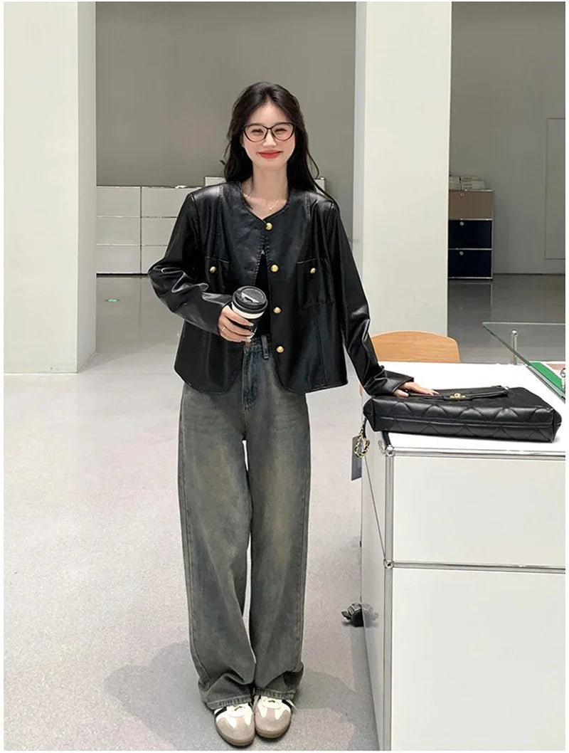 Small Fragrance Leather Jacket Women's Spring Autumn 2026New PU Leather Coat Lady Short High Sense Outerwear Popular Female Tops