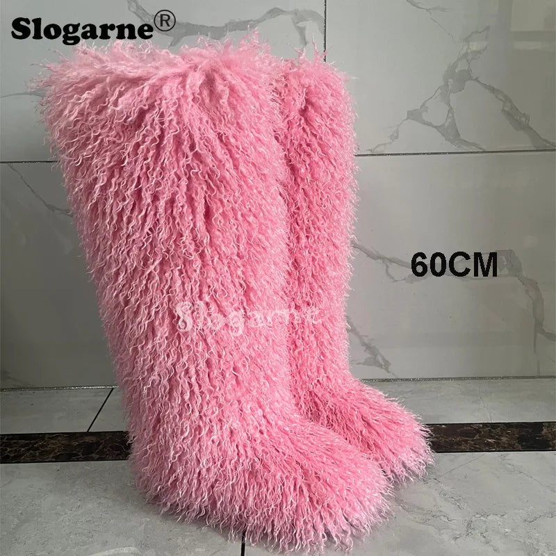 New Over The Knee Fur Boots Women Warm 72CM Long Faux Mongolian Fur Snow Boots Winter Luxury Fluffy Shoes Plush Platform Shoes