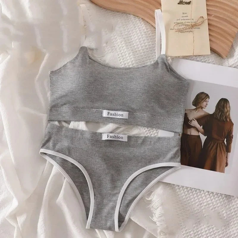 Women Cotton Seamless Bras Set Low Waist Panties Wire Free Tube Top Bra Sexy Lingerie Set Female Comfort Sports Underwear Set