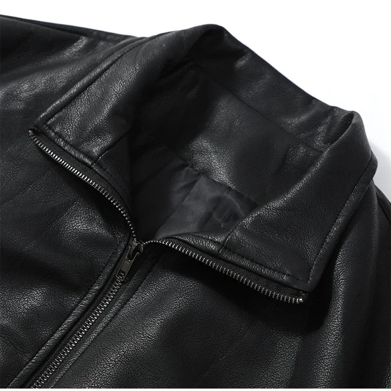 Black Short Leather Jacket Vintage Women's Stand Collar Full Sleeve V-neck Loose Jackets 2026 Lady  Autumn Casual Casual Outwear