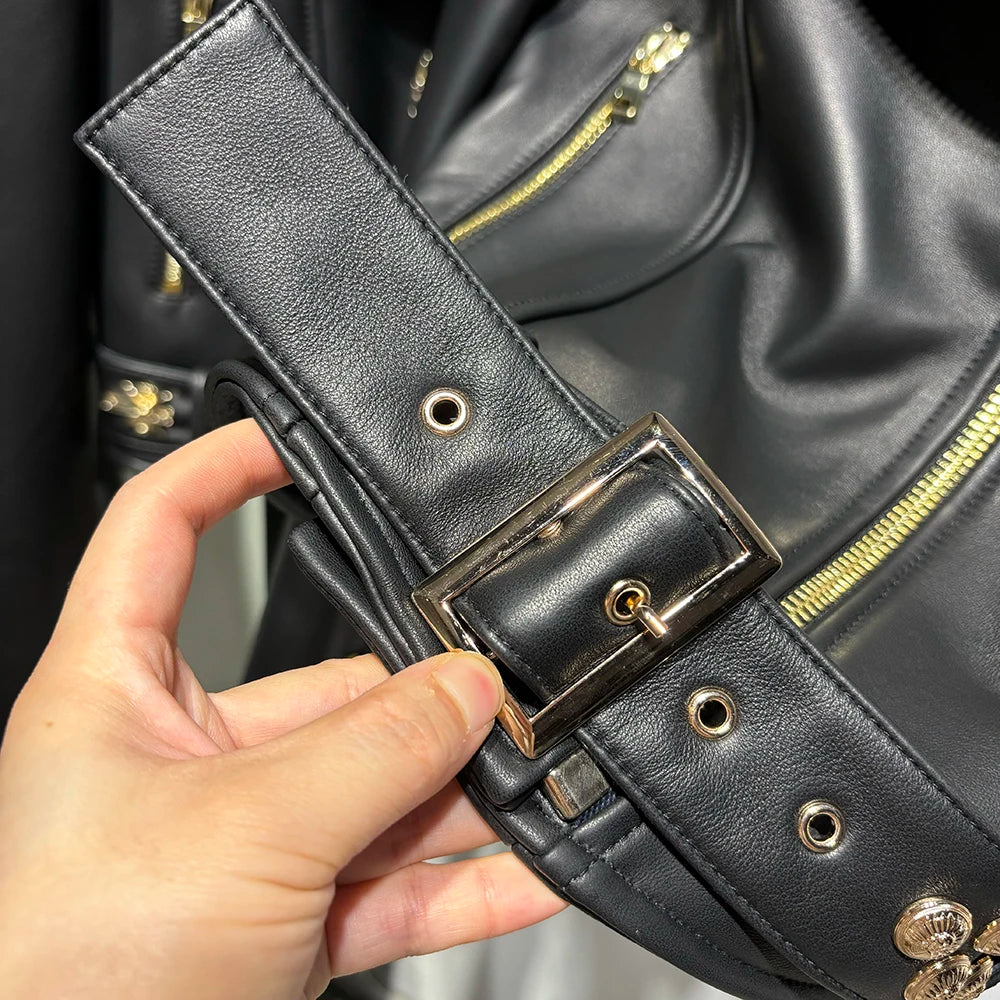 Women Stylish Gold Rivet Real Leather Jacket High Glossy Genuine Leather Asymmetrical Zip Biker Jacket