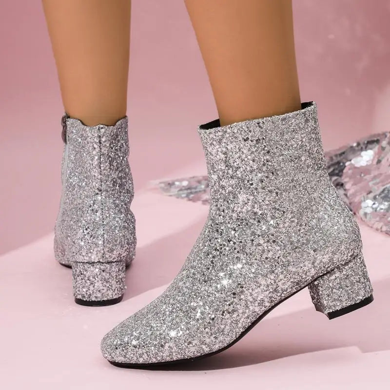 Luxury Sequin Fabric Ankle Boots Women 2026 Autumn Designer Square Toe Side Zip Short Boots Sexy Shiny Medium Heel Party Shoes