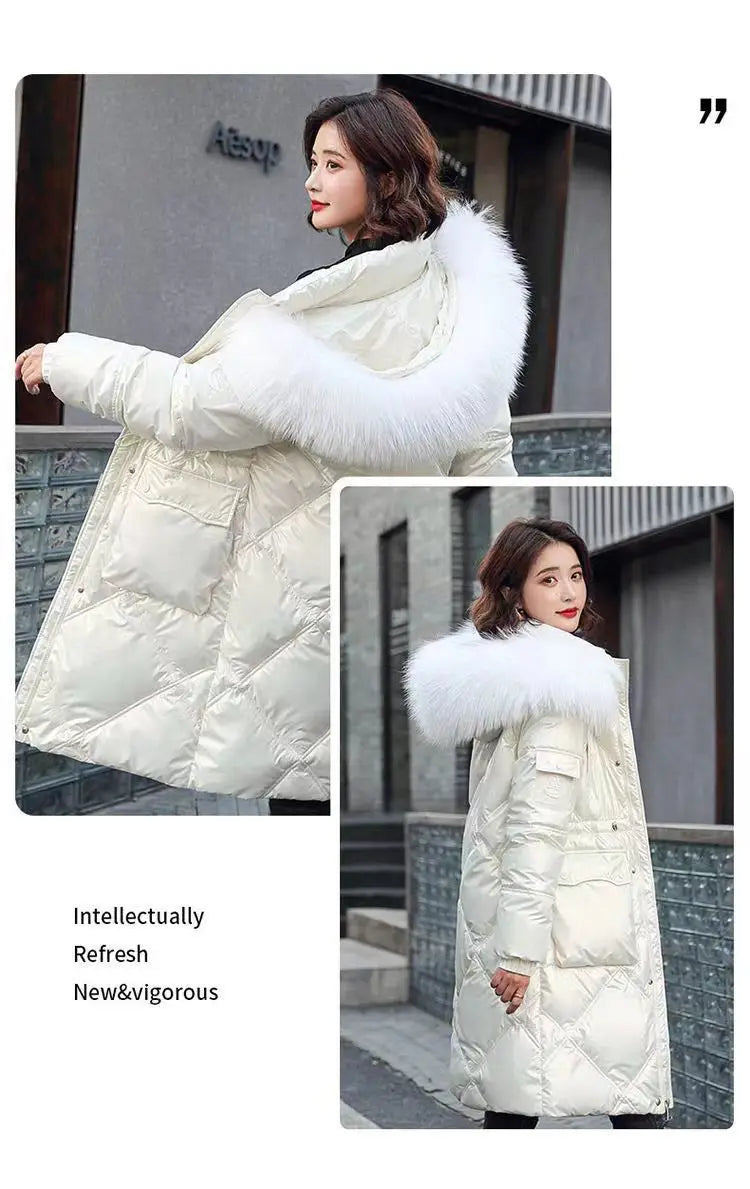 2023 Autumn Winter Hooded Fur Collar Long Parkas Mujer Thick Warm Down Cotton Padded Jacket Women Casual Hoodies Coat Female