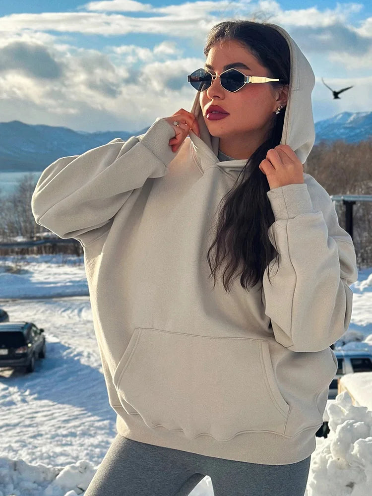 Winter Warm Hoodies Oversized For Women With Fleece Inside Yellow Thick Sweatshirts With Hooded Women Pink Hoodies Velvet Winter