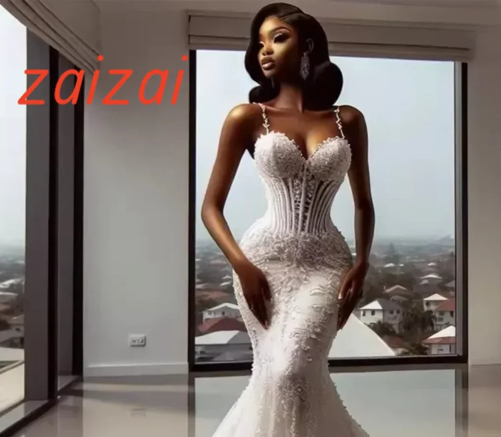 Customzied Exquisite Lace Mermaid Wedding Gown Luxury Bride Robe Evening Dress Corset Spaghetti Straps Vestido De Novia