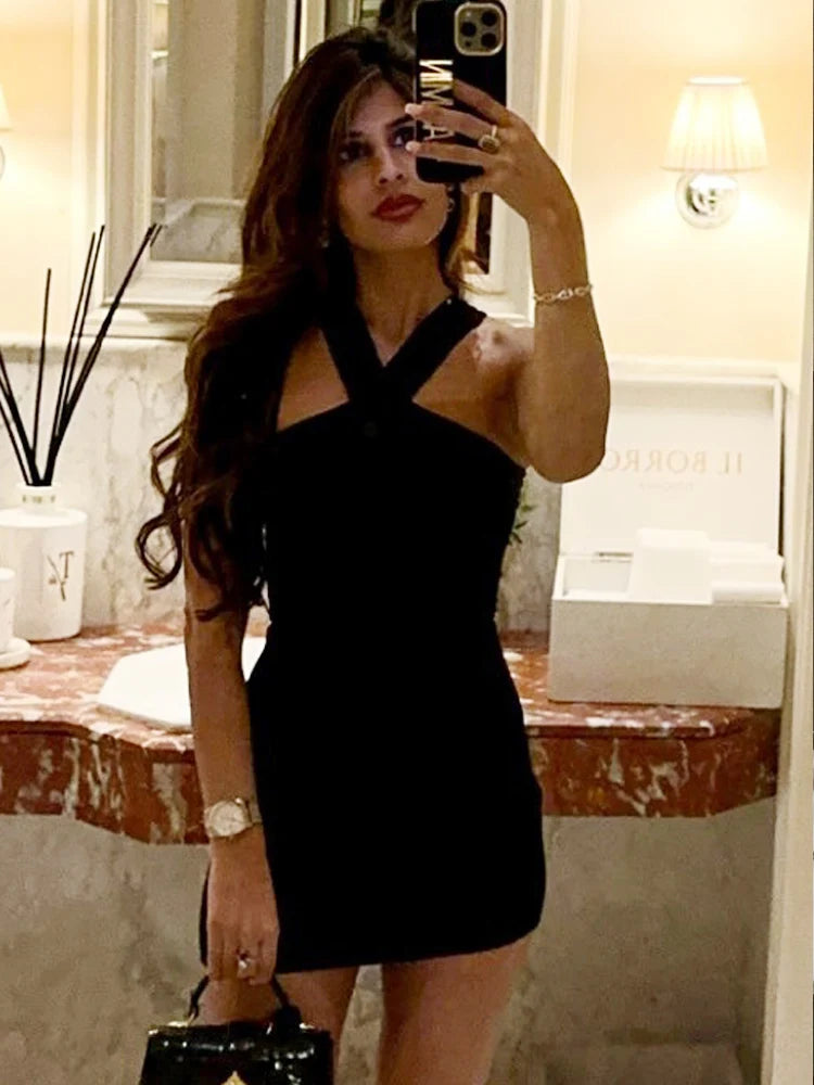 Women's Dress Black Halter Tight Dress Sexy Bodycon Backless Mini Dresses Women 2026Summer New Off Shoulder Beach Party Vestidos