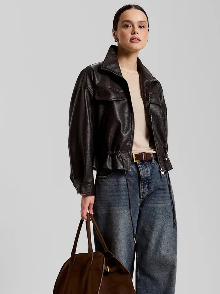 LGRQ Stand‑Collar Long Sleeve Biker Faux Leather Jacket Women Vintage Drawstring Waist Cropped Outerwear 2026 Autumn 19DB3772