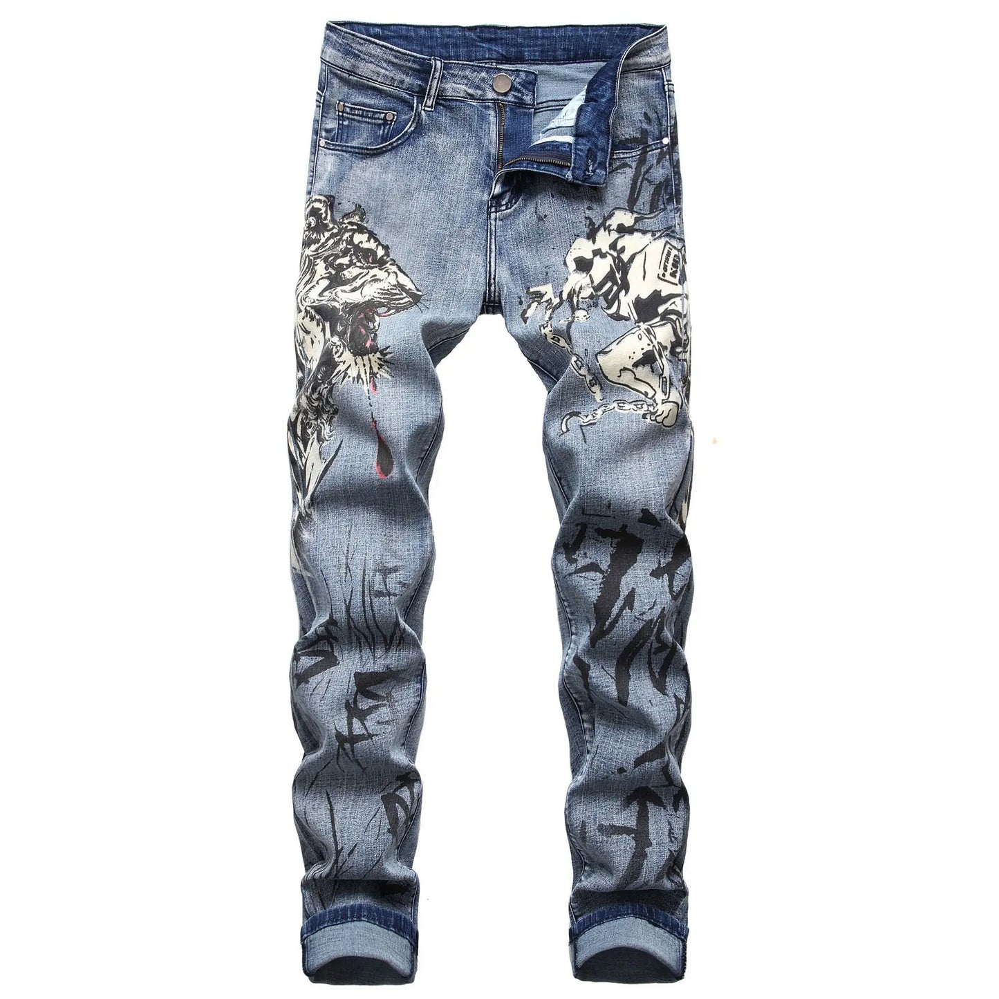 Blue Men's Jeans 3D Digital Print Stretch Denim Pants Blue Black White Trousers Men Fashion Slacks 28-34 36 38 40 42