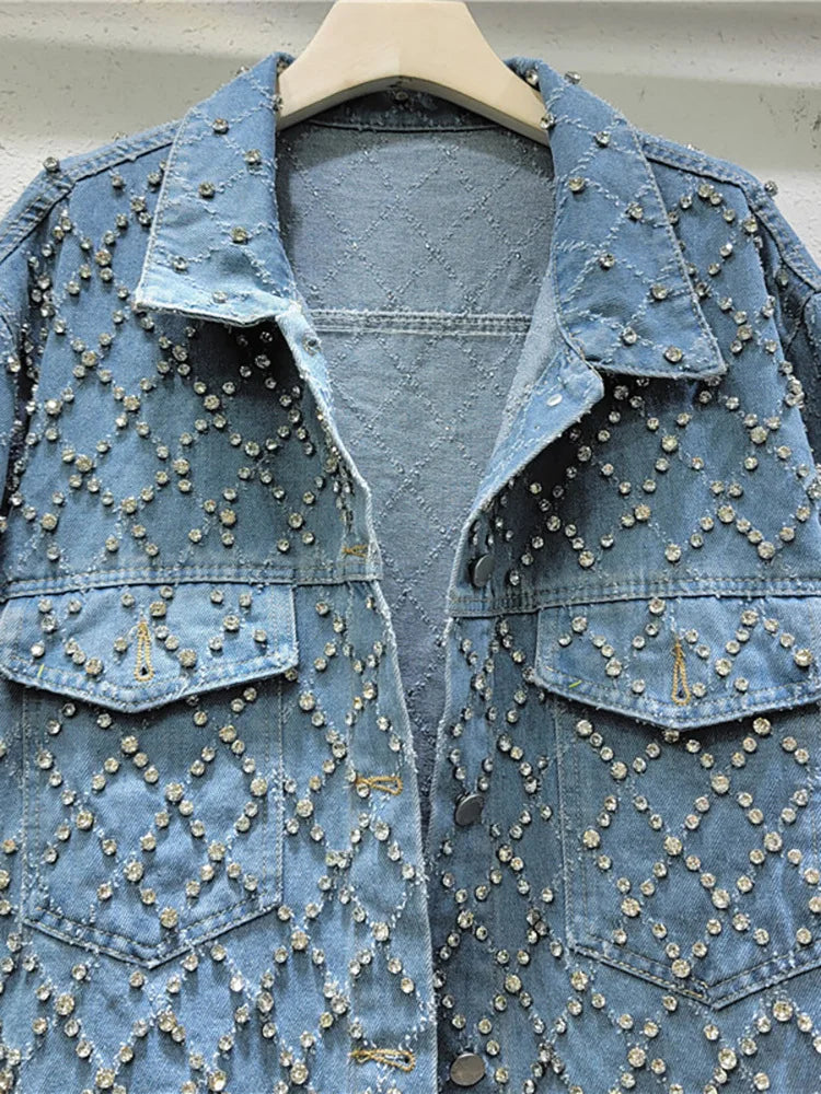 DEAT Women's Denim Coat Blue Long Sleeve Full Diamonds Distressed Jacquard Plaid Jackets 2026 Summer Summer New Fashion 29L7709