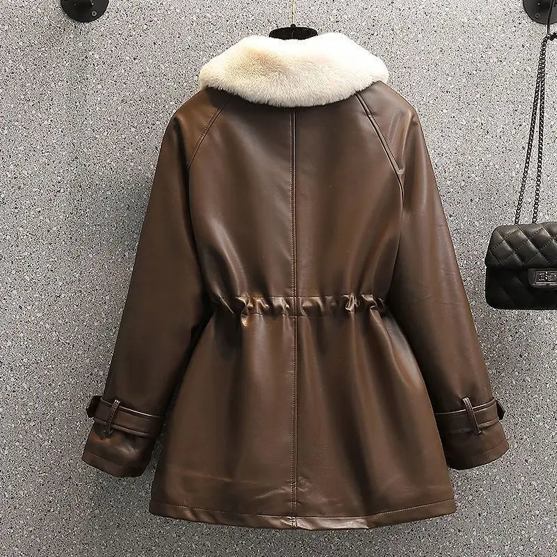 2026 Winter Age Reduction with Thick Velvet Loose Stand up Collar Motorcycle Wear PU Leather Jacket Long Sleeve Coat for Women