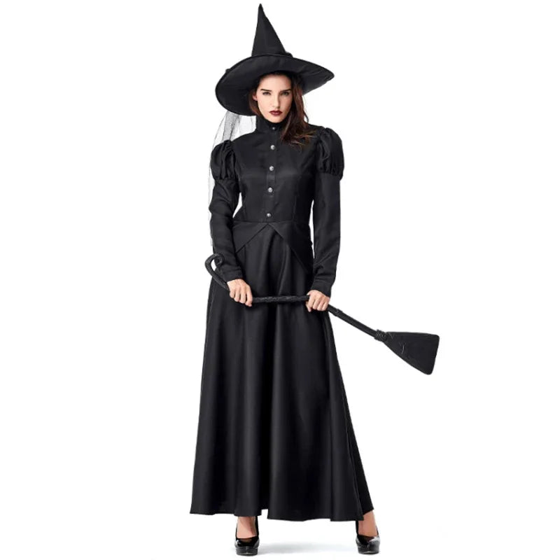 Halloween Wizard Cosplay Costume Kids Adult Halloween Women Deluxe Wicked Witch Costume Black Full Length Dress