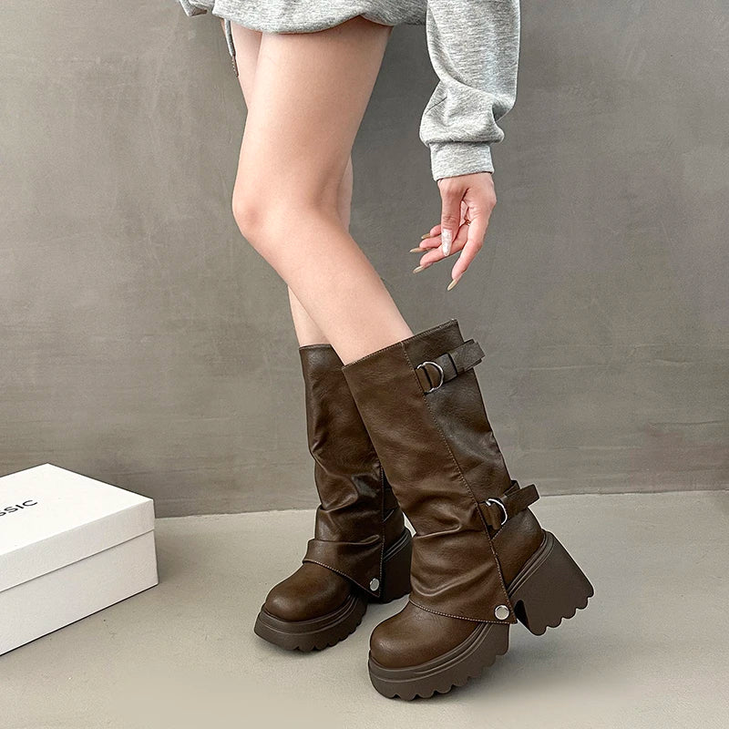 Shang Shi Black Thick High-heeled Thick Soled Boots for Women, 2026 New Winter Versatile Women's Zipper Slimming Pants Leg Boots