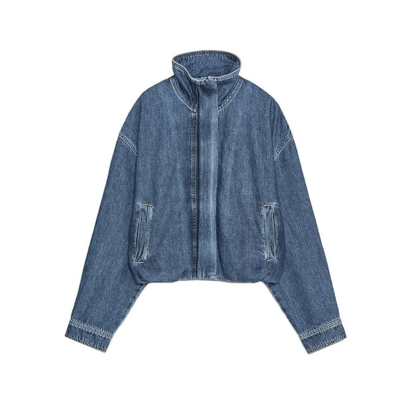 Vintage Washed Denim Zip Up Jacket High Collar Relaxed Fit Slant Pockets Women Streetwear Short Jean Coat Valentine Gift 260602