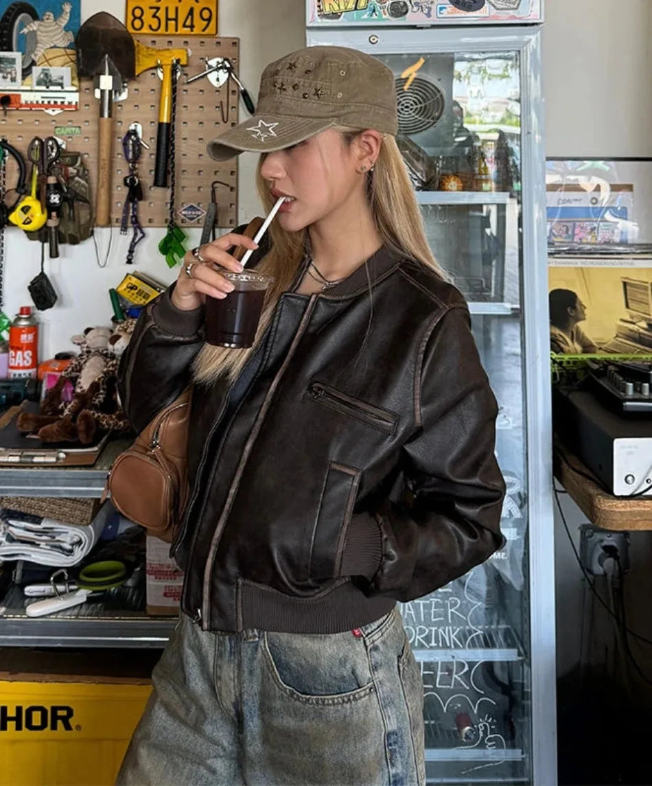 New in Autumn Winter Women High End Short Motorcycle Leather Jacket Women Top Retro Brown Loose Casual Coat Female Clothing