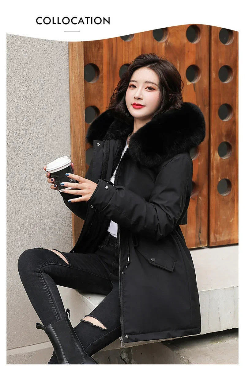 Winter Coat Low Price On Sale Women Beige Add Wool Thick Warmth Fur Hooded Parkas Jacket 2026 New Fashion Belt Slim Cotton Coat