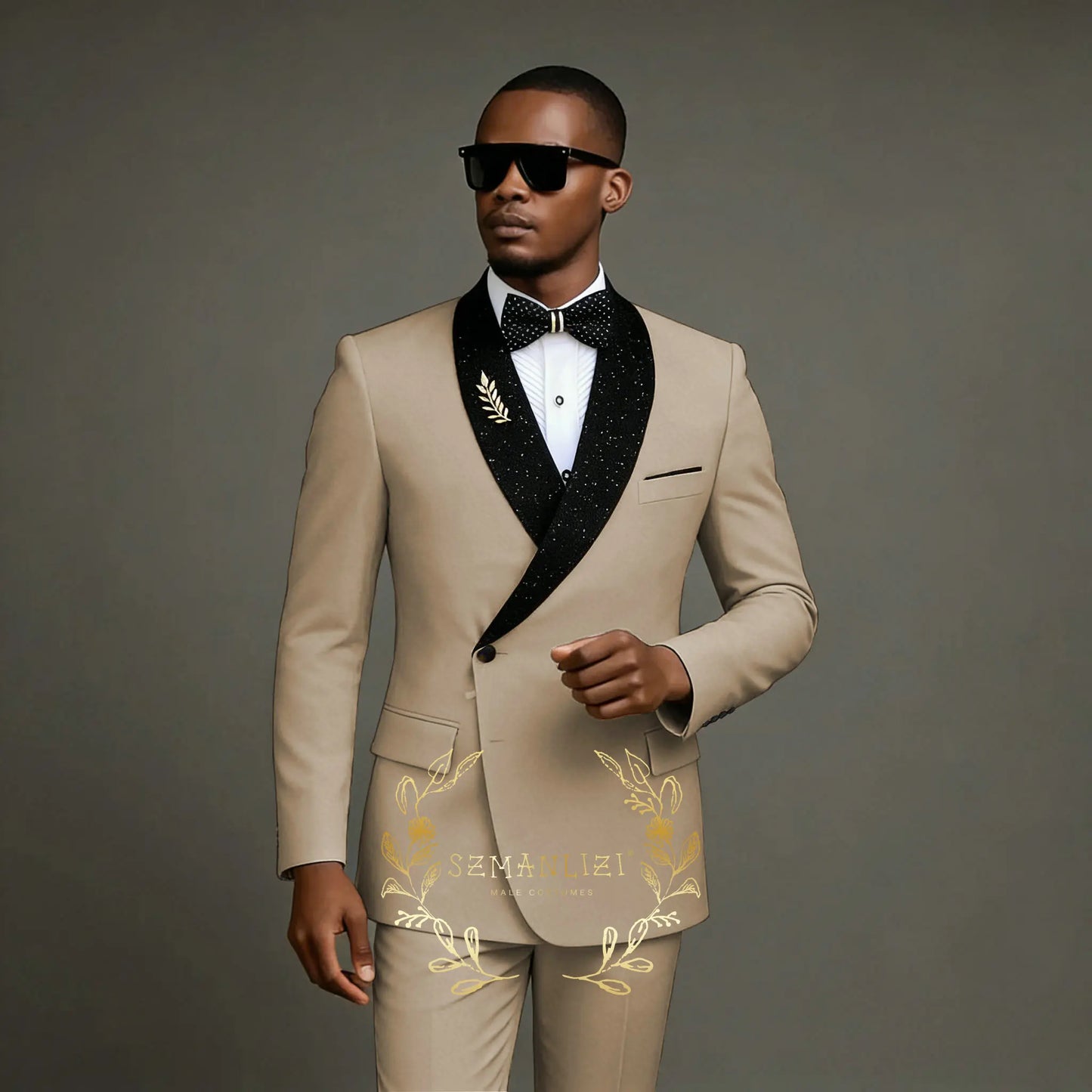 Formal Beige Wedding Men Suits Set Double Breasted Groomsmen Groom Tuxedo Fashion Designs Shiny Shawl Lapel Blazer Pants 2Pcs