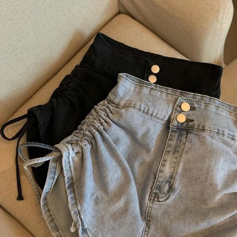 Zoki Sexy Shirring Slim Denim Shorts Women Fashion Korean High Waist Casual Shorts Summer Button All Match Harajuku Shorts New