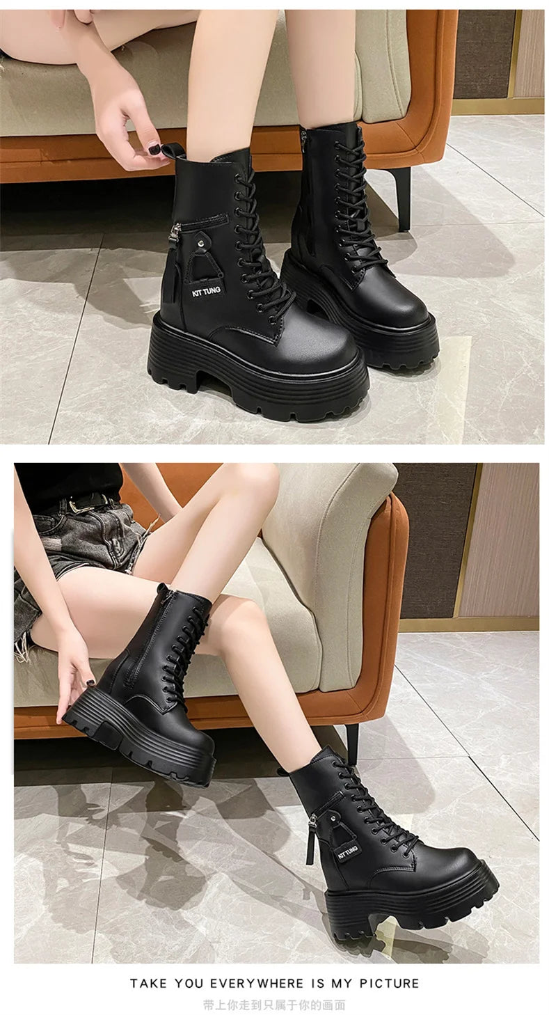 New 2023 Autumn Platform Mid-calf Boots  Women Thick Sole Winter Leather Punk Shoes Chunky Motorcycle Boots Woman