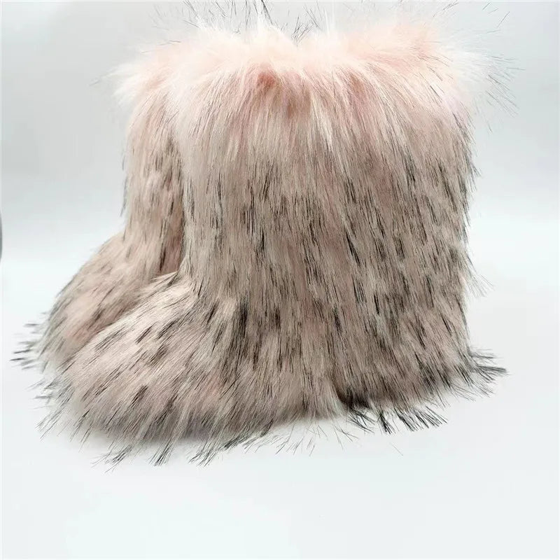 Cute High Quality Faux Raccoon Fox Fur Shibuya Gal Thickened Plus Size Mid-Calf Faux Fur Warm Winter Snow Boots for Women