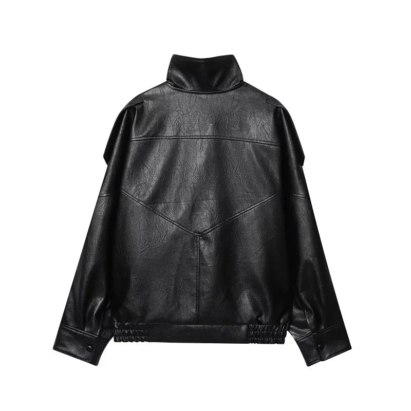 HXAO Women's Faux Leather Jacket Short Coat Black Bomber Jackets For Woman Loose Winter Outerwear High Neck Aviator Jackets