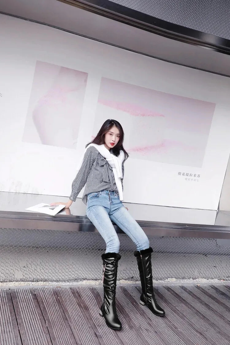 Winter Warm Knee High Boots Women Platform Wedges High Heels Snow Boots Slip on Winter Ladies Shoes White Black Pink 2025