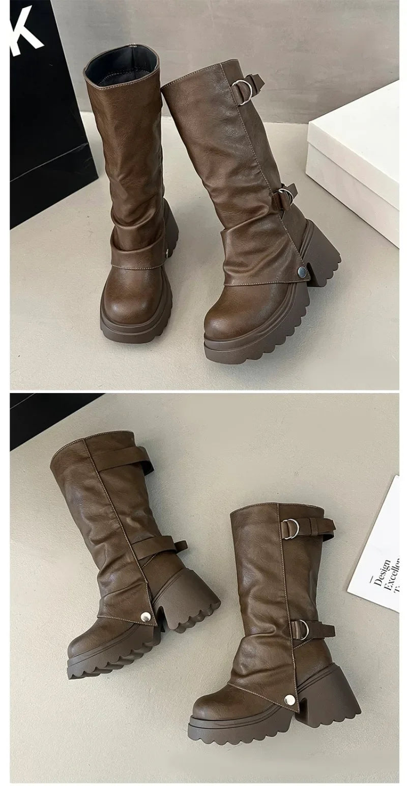 Shang Shi Black Thick High-heeled Thick Soled Boots for Women, 2026 New Winter Versatile Women's Zipper Slimming Pants Leg Boots