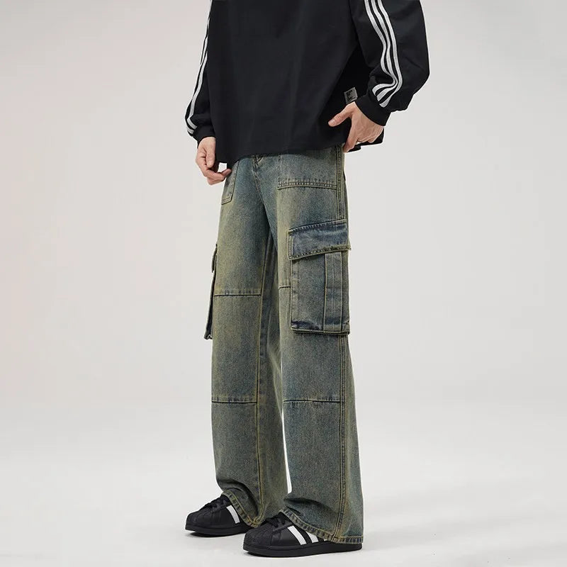American Retro Street Multi-Pocket Patchwork Work Pants Loose Straight Leg Jeans for Men And Women Vibe Style Long Trousers