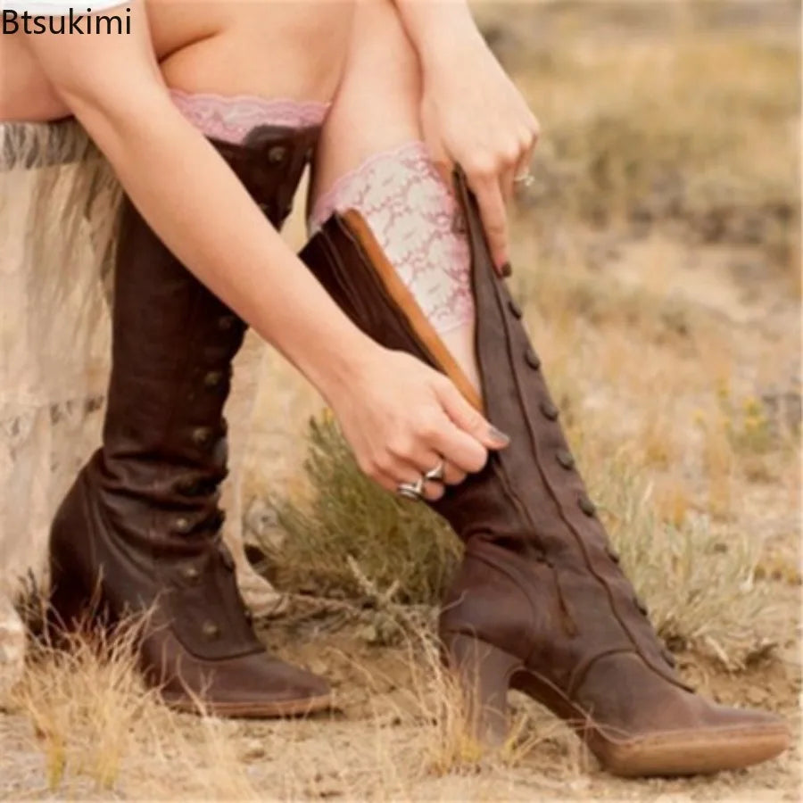 Retro Black Fashion Rivet Decor Boots Chunky Heels Knee High Slip on Shoes for Women Knight Boots  Autumn Zapatos Para Mujere