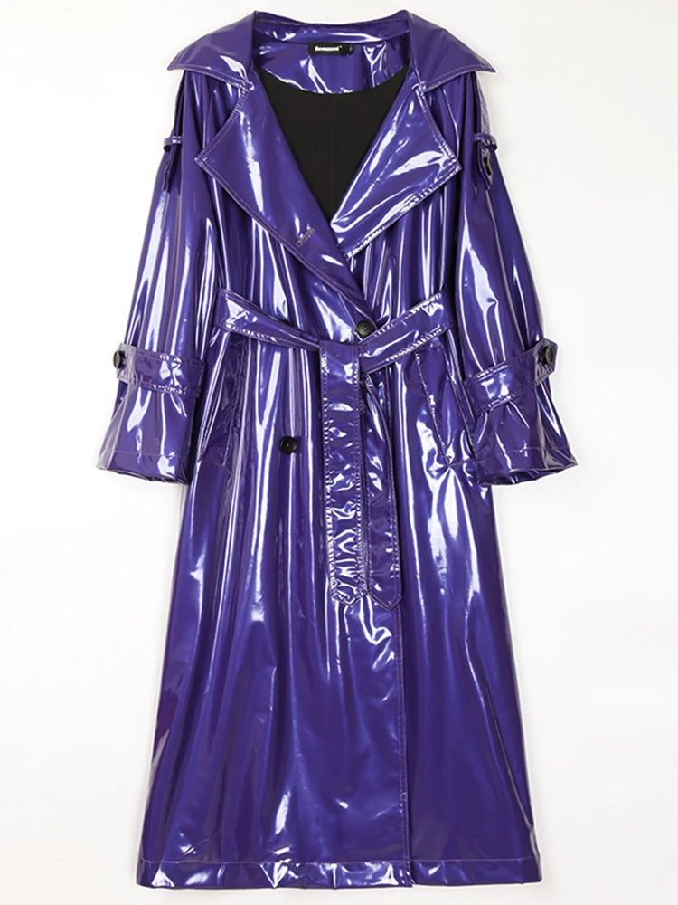 Nerazzurri Long Waterproof Black Patent Leather Trench Coat for Women 2020 Double Breasted Iridescent Oversized Leather Coat 7XL