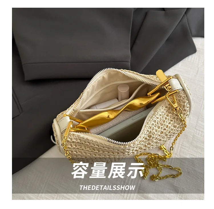 Luxury Metal Handle Clutch Bag Women Exquisite Handmade Rattan Woven crossbody Bag Half-moon Beach Bags Roomy Straw Tote Bag