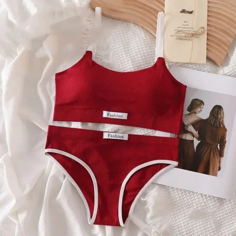 Women Cotton Seamless Bras Set Low Waist Panties Wire Free Tube Top Bra Sexy Lingerie Set Female Comfort Sports Underwear Set