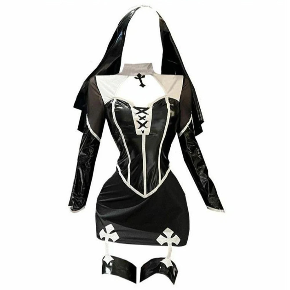 Women Nun Themed Costume Set Faux Leather Long Sleeve Mini Dress with Headscarf Garter Straps for Halloween Cosplay Themed Party