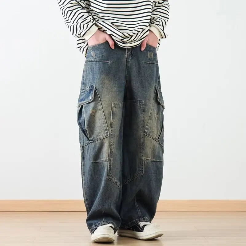 Retro American Washed Heavyweight Patchwork Wide Leg Men's Jeans Casual Loose Workwear Trousers with Multiple Pockets