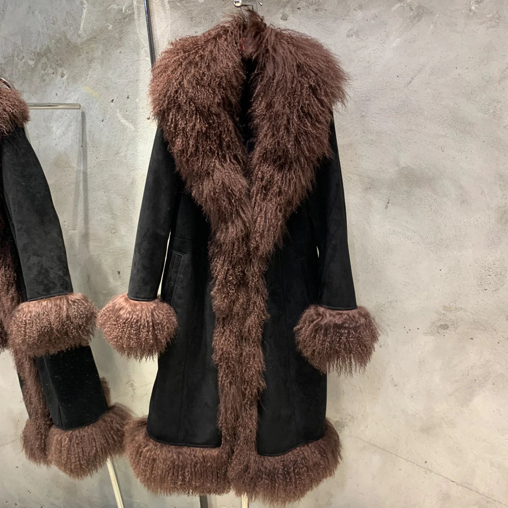Suede Coat Fur Collar Women Autumn Genuine Sheepskin Coat Long with Mongfolian Fur Trim