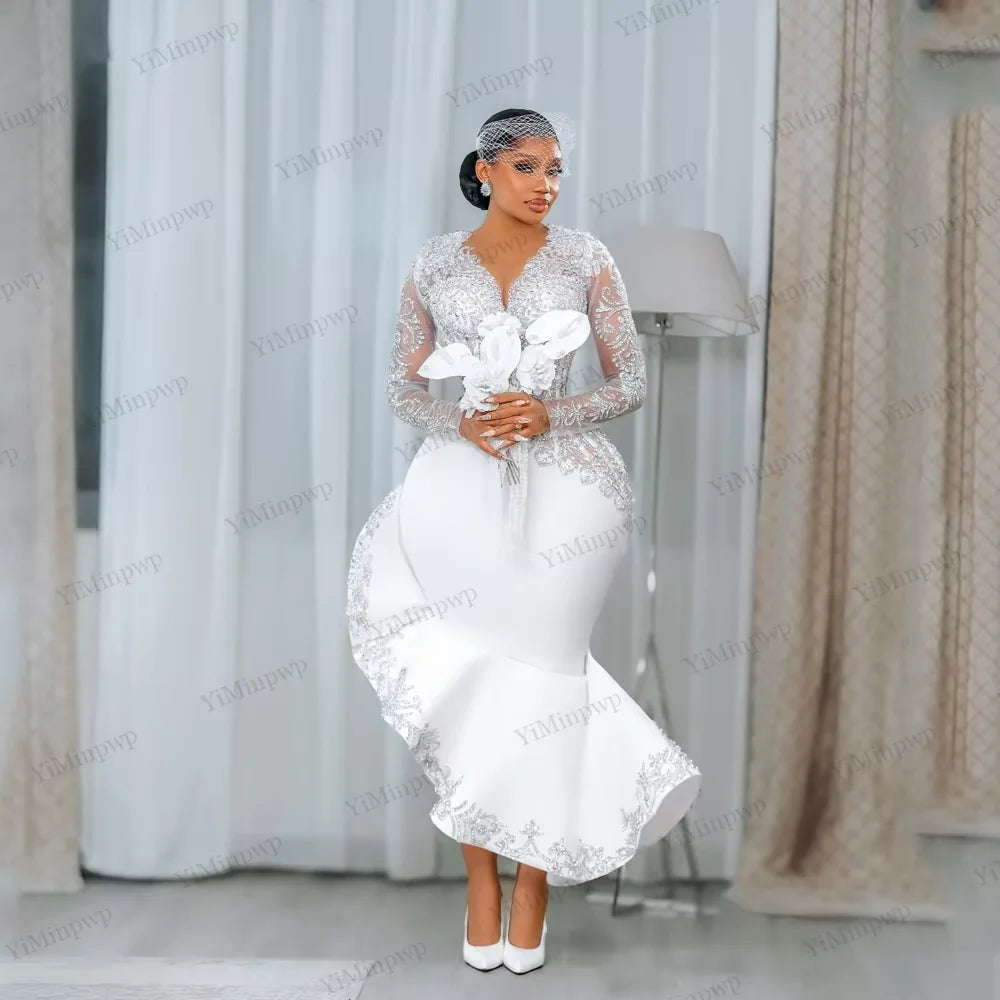 2026 Civil Mermaid Wedding Dresses for Women Bride Long Sleeves Rhinestone Tea Length Aso Ebi Bridal Reception Gowns Customized
