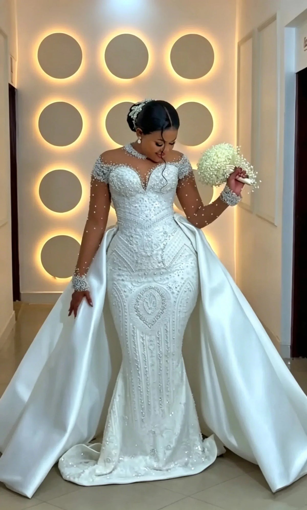 2026 Luxury Off Shoulder Mermaid Wedding Dress High Collar Beaded Transparent Long Sleeve Bride Dress Detachable Tail Customized