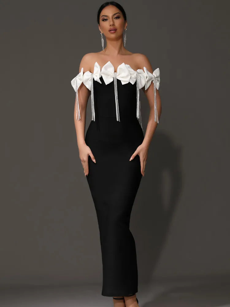 Women Celebrity Sexy Off Shoulder Bow Tie Diamonds Black Maxi Long Bandage Dress 2024 Knitted Elegant Evening Club Party Outfit