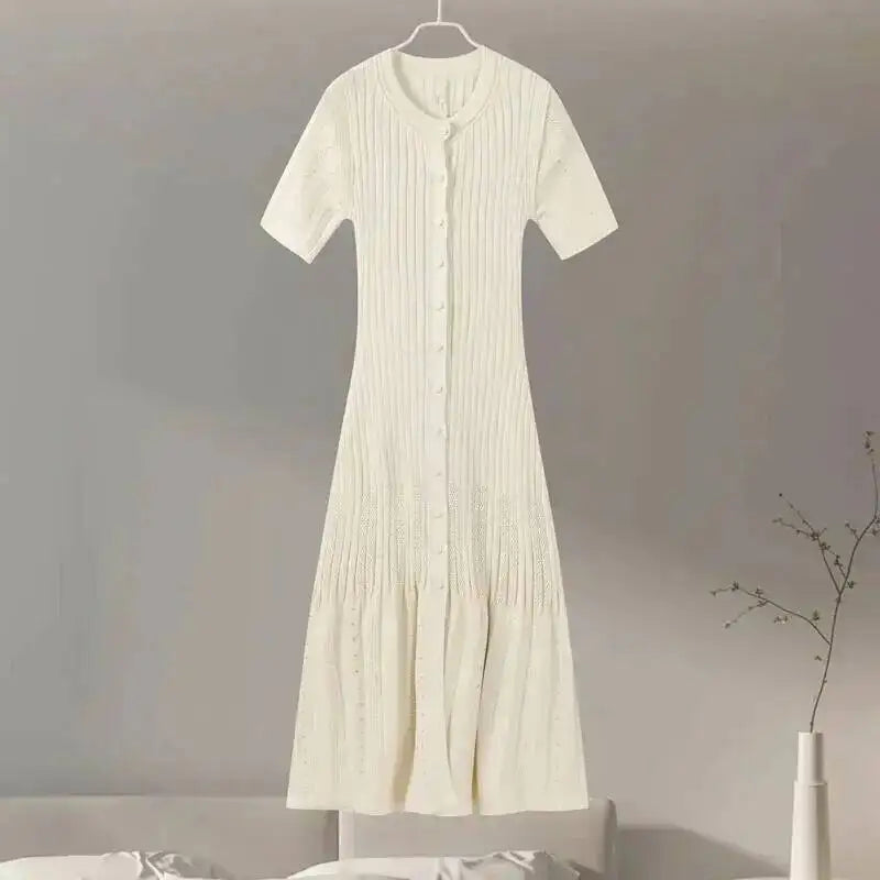Elegant Knit Dress For Women White Slim O-neck Single Breasted Short Sleeve Long Dresses Female Spring Fashion Lady Robe T88X