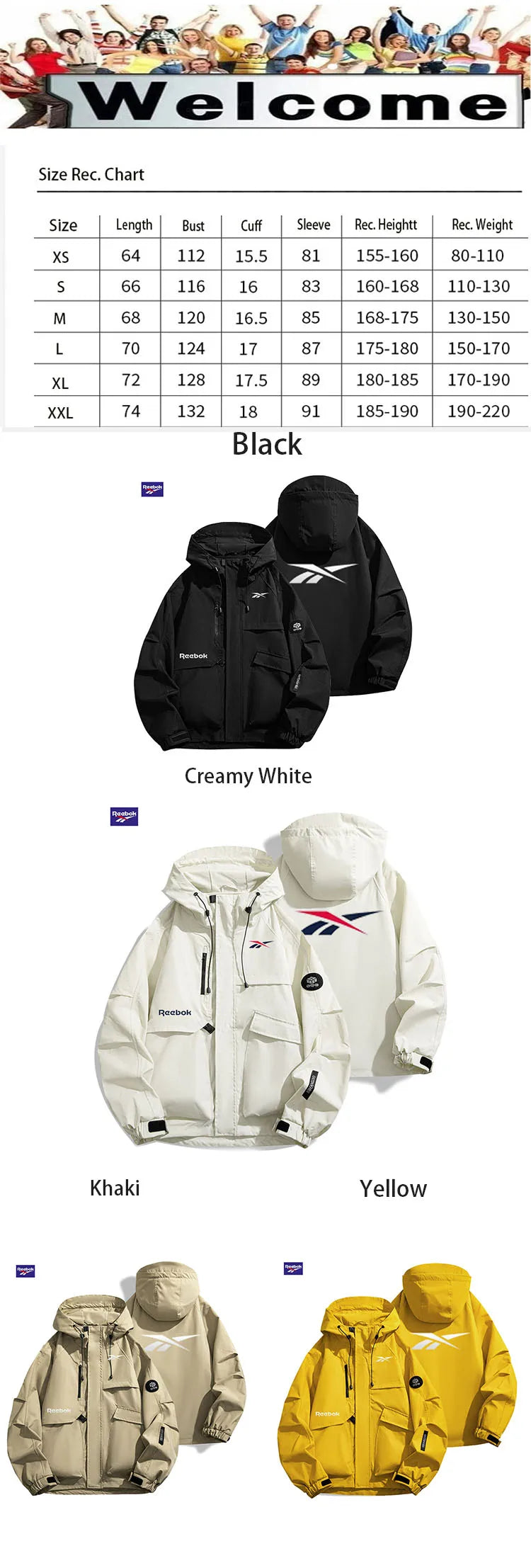 Reebok Logo 2026 Men's Windproof and Waterproof Jacket, Spring-Autumn Casual Style, Multi-Pocket Design, Youthful Style, Loose F