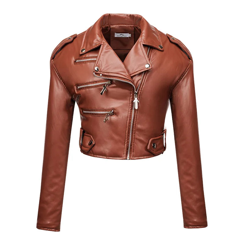 New Women slim short leather jacket plus cotton high waist long sleeve lapel diagonal zipper leather jacket pu motorcycle suit