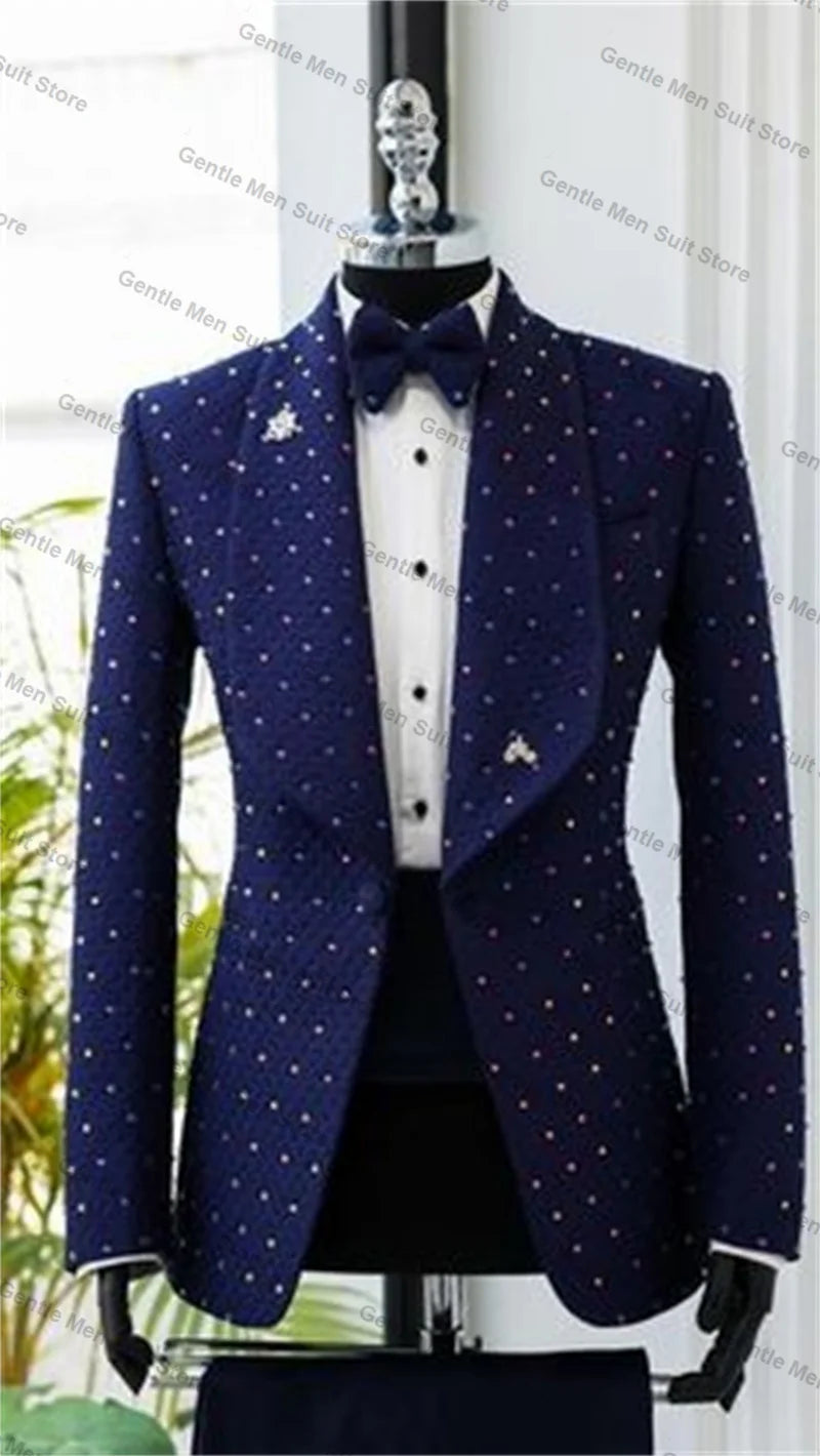 Crystals White Men Suits Set 2 Piece Blazer+Black Pant Wedding Tuxedo Coat Customized Formal Office Cotton Jacket Trousers