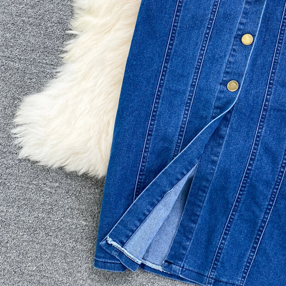 Denim Dress Women Sexy Long Dresses Vintage Vestidos A Line Sleeveless Backless Single Breasted Pockets 2025 Summer Sundress