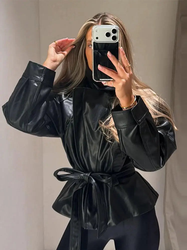 Black Belt Women's Leather Jacket Lapel Full Sleeve Zip-up Lace Up Waist Cinching Cropped Coats 2026 Autumn Street Lady Jackets