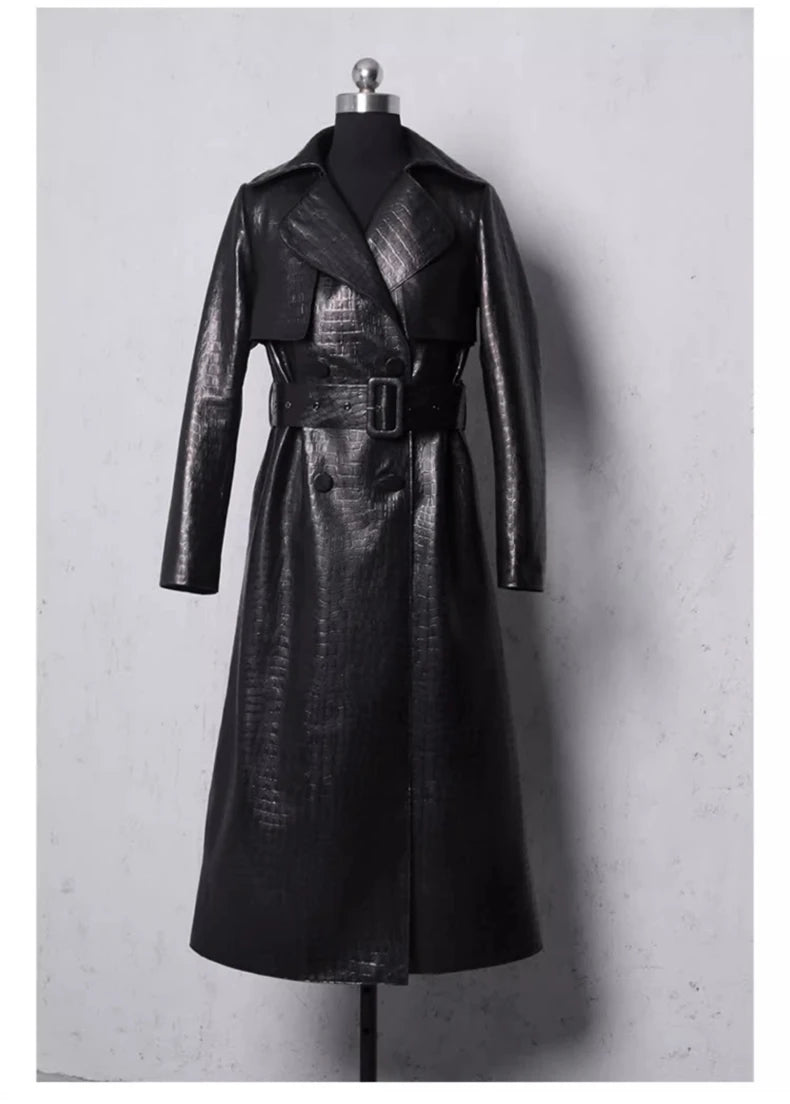 Lautaro Autumn Long Shiny Reflective Patent Faux Leather Trench Coat for Women Belt Double Breasted Luxury Designer Clothes 2023