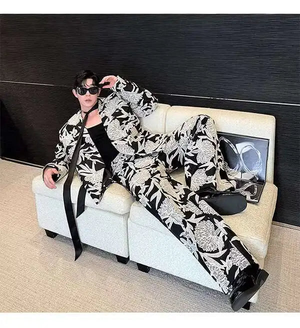 IEFB Niche Design Men's Two-piece Collarless Embroidery Blazer Loose Straight Suit Pants Contrast Color Male Sets New 9C7485