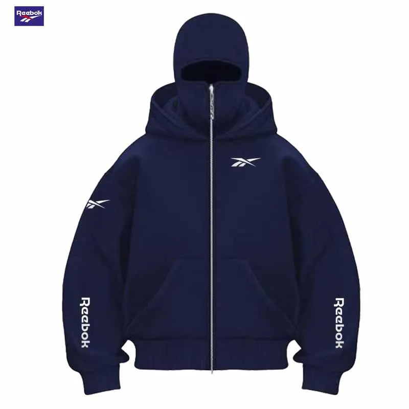 Reebok Men's New Fall/Winter Double-Pocket Hooded Sweater with Face Mask and Zipper Sports Outfit - Loose and Comfortable to Wea