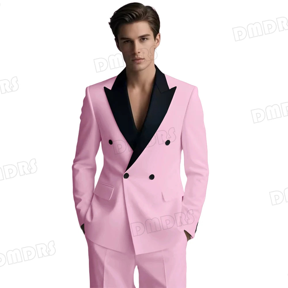 Slim Fitting White Suit Set for Men, Black Collar, 2 Pieces Formal Suits, Wedding Tuxedo, Customized Colors Blazer and Pant Set