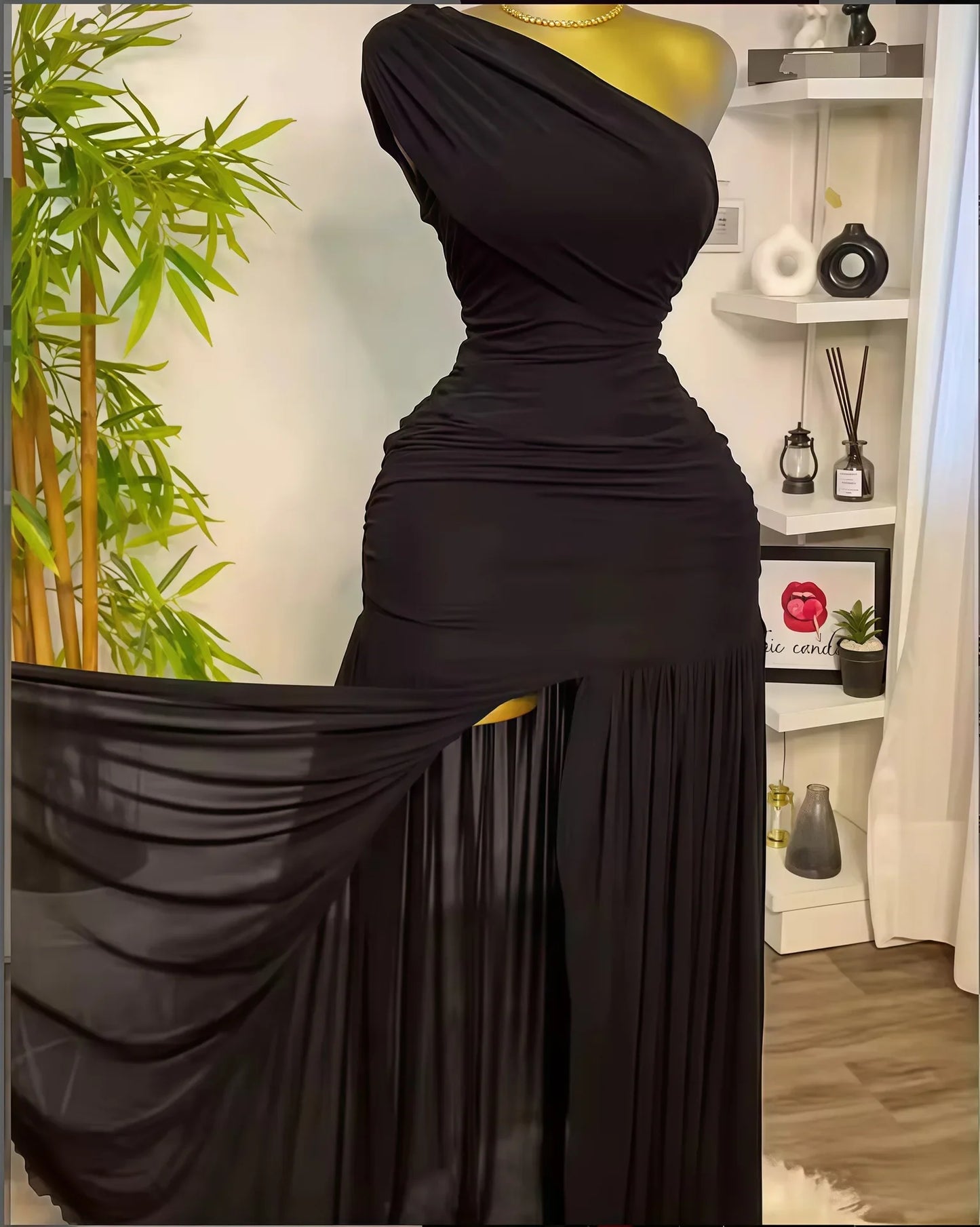 Women One Shoulder Skew Neck High Split Pleated Hem Bodycon Long Maxi Dress 2025 Evening Sexy Club Party Dresses Vestido