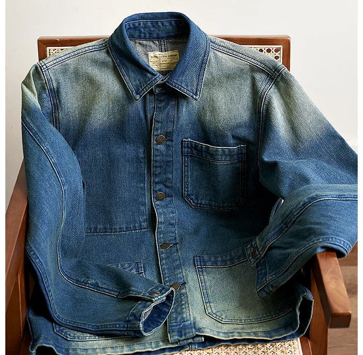 American Retro Thickened Heavyweight Men's Denim Jacket Casual Autumn Winter Workwear Outerwear Standard Fit Multi-Pocket Washed